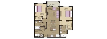 A floor plan of an apartment with a living room, dining room, kitchen, and three bedrooms.