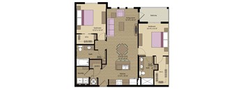A floor plan of a house with a living room, two bedrooms, a bathroom, a pantry, a laundry room, and a kitchen.