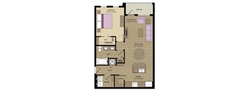 A floor plan of a small apartment with a bedroom, living room, dining room, kitchen, bathroom, and laundry area.