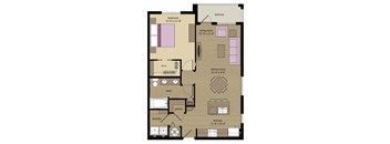 A floor plan of a house with a bedroom, living room, dining room, kitchen, bath, laundry, and pantry.