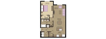 A floor plan of a small apartment with a bedroom, living room, dining room, kitchen, laundry, and bath.