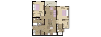 A floor plan of a house with a living room, dining room, kitchen, and two bedrooms.
