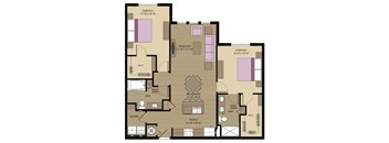 A floor plan of an apartment with two bedrooms, a living room, a dining room, a kitchen, a laundry area, and a linen closet.