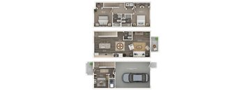 A detailed floor plan of a two-story house with labeled rooms and furniture.