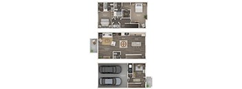 A floor plan of a house with a living room, two bedrooms, a bathroom, and a garage.