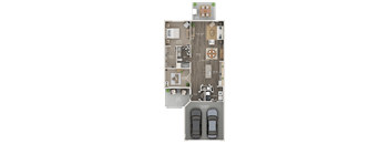 A floor plan of a house with two bedrooms, a living room, a kitchen, and a bathroom.