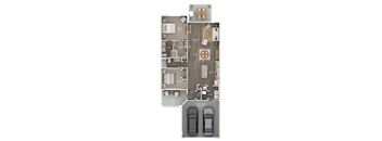 A floor plan of a house with two bedrooms, a living room, a kitchen, a dining room, a bathroom, a study, a garage, and a carport.