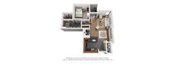 a stylized 3d floor plan with a bedroom and a living room