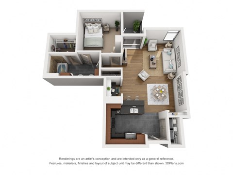 a stylized 3d floor plan with a bedroom and a living room