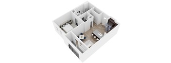 A white 3D model of a house with multiple rooms.