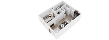 A white 3D model of a house with a kitchen, living room, and two bedrooms.