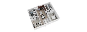 A 3D floor plan of a house with a kitchen, living room, and bedrooms.