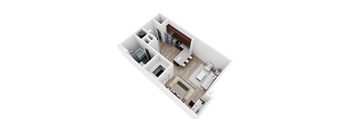 A top down view of a small apartment with a kitchen, living room, and bedroom.