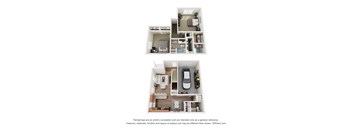 Two images of a house layout with a kitchen, living room, and bedrooms.