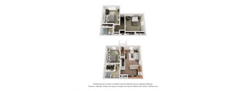 Two images of a small apartment with a kitchen, living room, and bathroom.