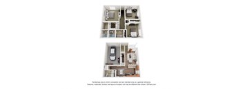 A floor plan of a small apartment with two bedrooms and a living area.