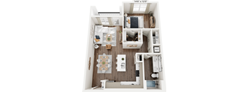 a 3d rendering of a floor plan with a bedroom and living room