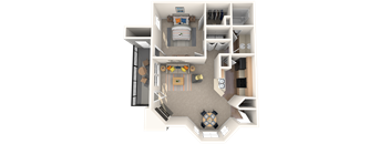A 3D floor plan of a small apartment with a kitchen, living room, and bathroom.