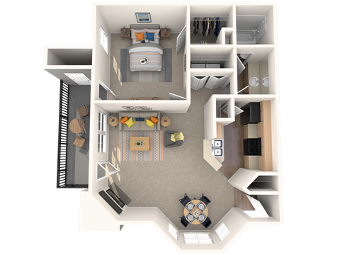 A 3D floor plan of a small apartment with a kitchen, living room, and bathroom.