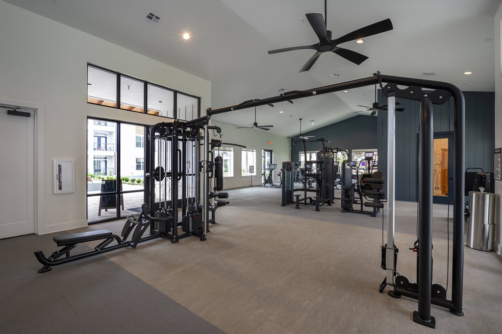 A gym with a variety of equipment including a rowing machine, a bench press, and a squat rack.
