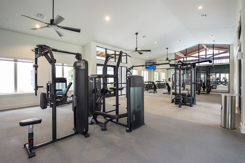 A gym with a variety of equipment including a squat rack, a leg press machine, and a bench press.