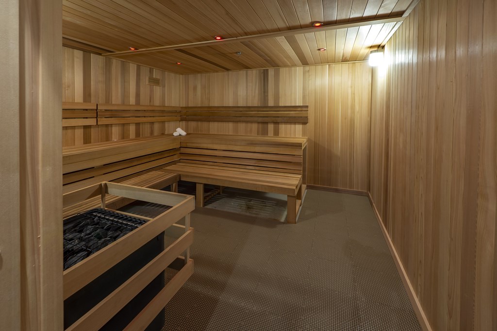 A wooden sauna with benches and a heater.