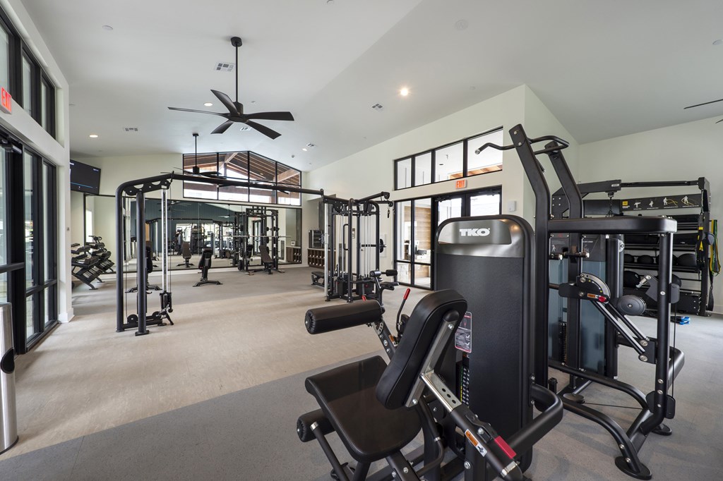 A gym with a variety of equipment including a treadmill, weights, and a bench press.