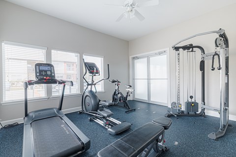 A spacious home gym with a treadmill, elliptical trainer, and other exercise equipment.