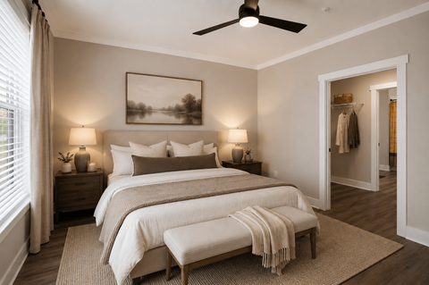 A bedroom with two beds and a ceiling fan.