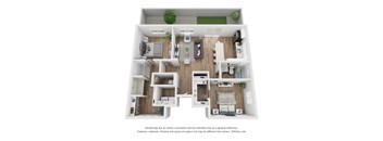 A 3D floor plan of a house with a kitchen, living room, and bedrooms.