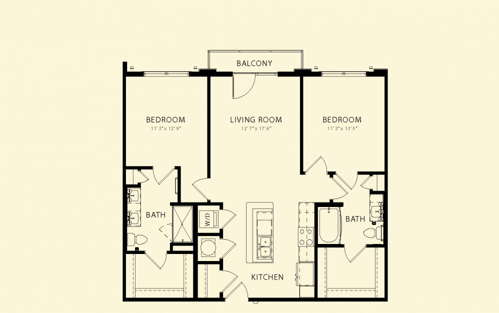 A floor plan of a house with two bedrooms, a living room, a kitchen, and two bathrooms.