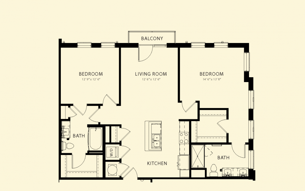 A floor plan of a house with a balcony, three bedrooms, a living room, a kitchen, and two bathrooms.