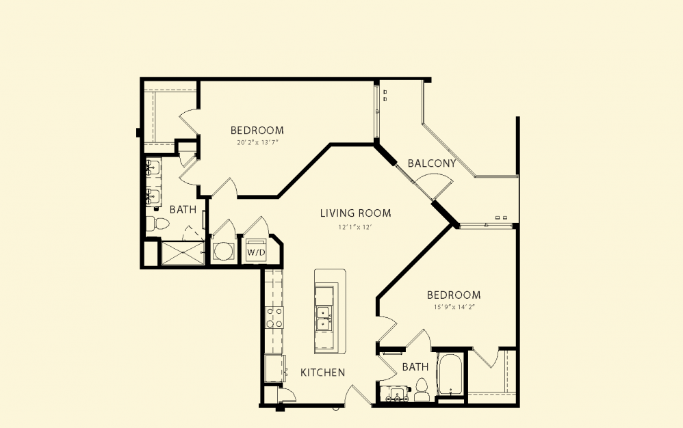 A floor plan of a house with two bedrooms, a living room, a kitchen, and two bathrooms.