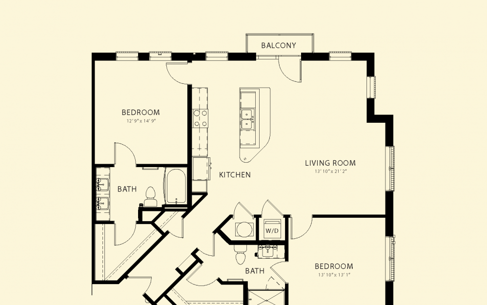 A floor plan of a home with a living room, two bedrooms, a kitchen, and a bathroom.