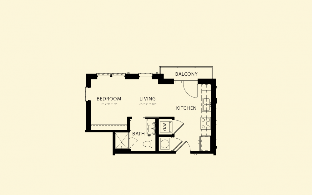 A floor plan of a small apartment with a bedroom, living room, kitchen, and bathroom.