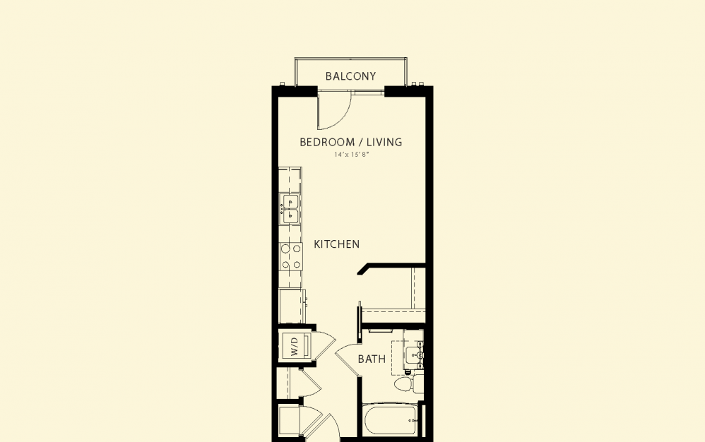 A floor plan of a small apartment with a bedroom, living room, kitchen, and bathroom.