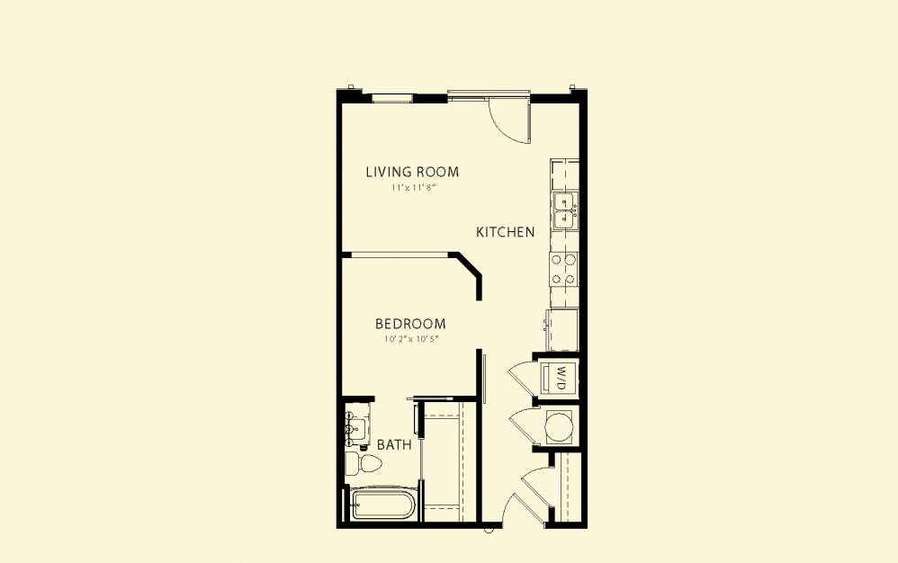 A floor plan of a small apartment with a living room, kitchen, bedroom, and bathroom.