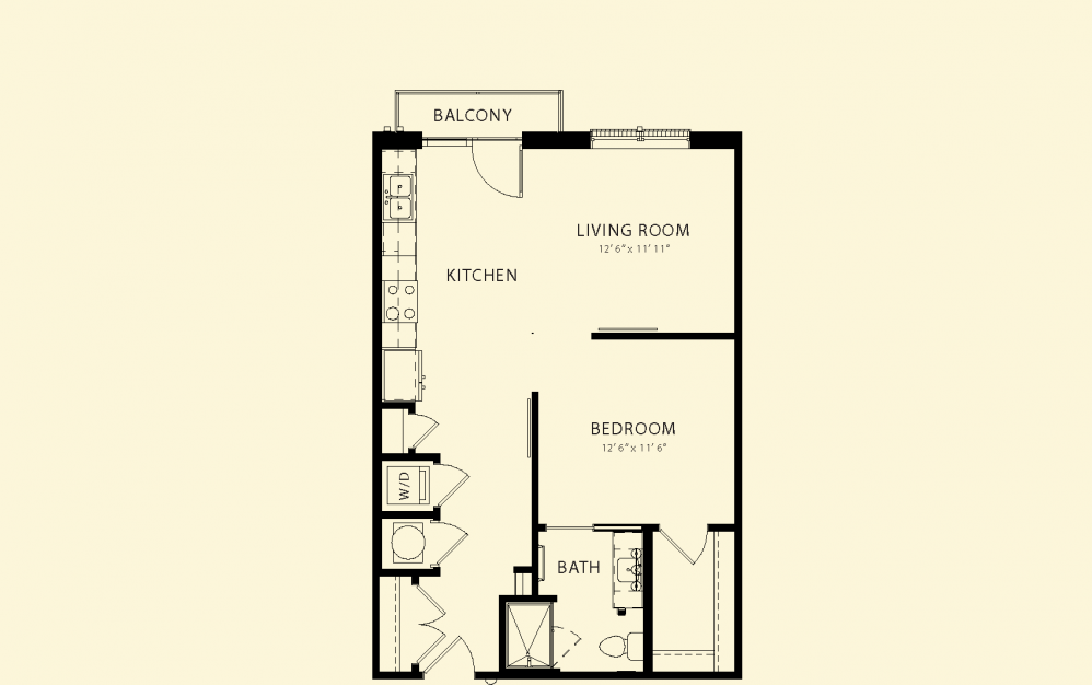 A floor plan of a small apartment with a living room, kitchen, bedroom, and bathroom.