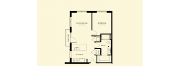 A floor plan of a small apartment with a living room, kitchen, bathroom and bedroom.