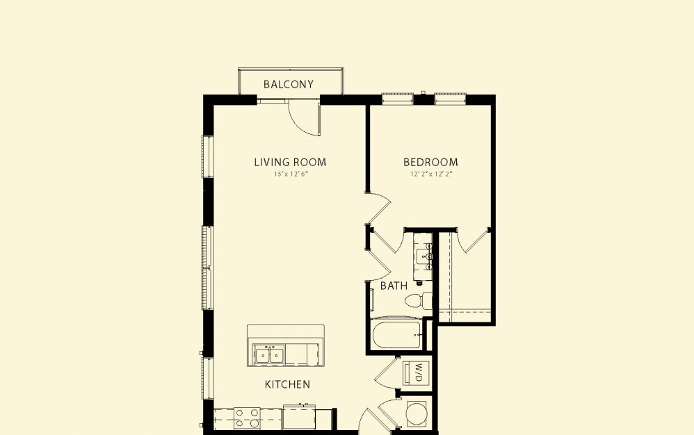 A floor plan of a small apartment with a living room, bedroom, kitchen, and bathroom.