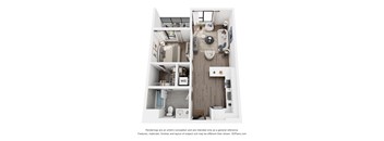 A floor plan of a small apartment with a kitchen, living room, and bathroom.