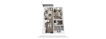 A 3D floor plan of a small apartment with a kitchen, living room, and bathroom.