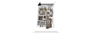 A 3D floor plan of a small apartment with a kitchen, living room, and bathroom.