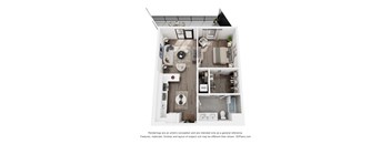 A 3D floor plan of a small apartment with a kitchen, living room, and bathroom.