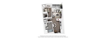 A 3D floor plan of a small apartment with a kitchen, living room, and bathroom.