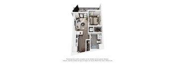 A 3D floor plan of a small apartment with a kitchen, living room, and bathroom.
