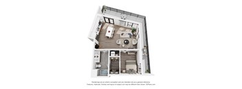 A 3D floor plan of a small apartment with a kitchen, living room, and bathroom.