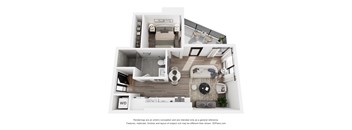 A 3D floor plan of a small apartment with a kitchen, living room, and bedroom.