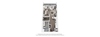 A floor plan of a small apartment with a kitchen, living room, and two bedrooms.