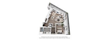 A 3D floor plan of a house with a kitchen, living room, and bathroom.
